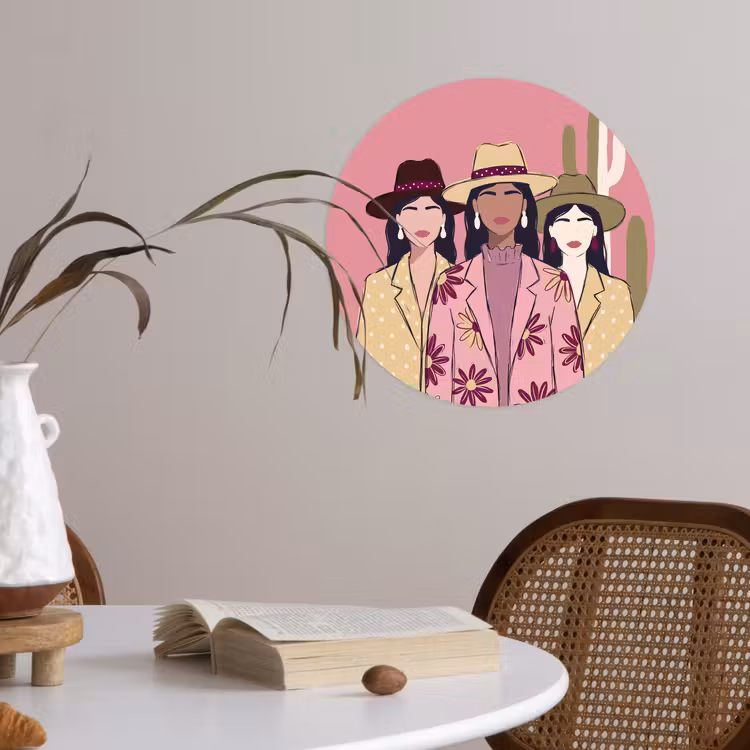Mensen - Hoeden - Abstract - Roze - Portret Wandcirkel behangsticker klein -sfeer3