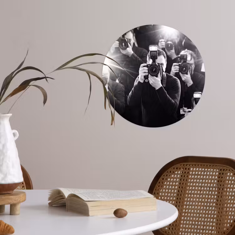 Mensen - Camera - Flitslicht - Zwart-wit - Media Wandcirkel behangsticker klein -sfeer3