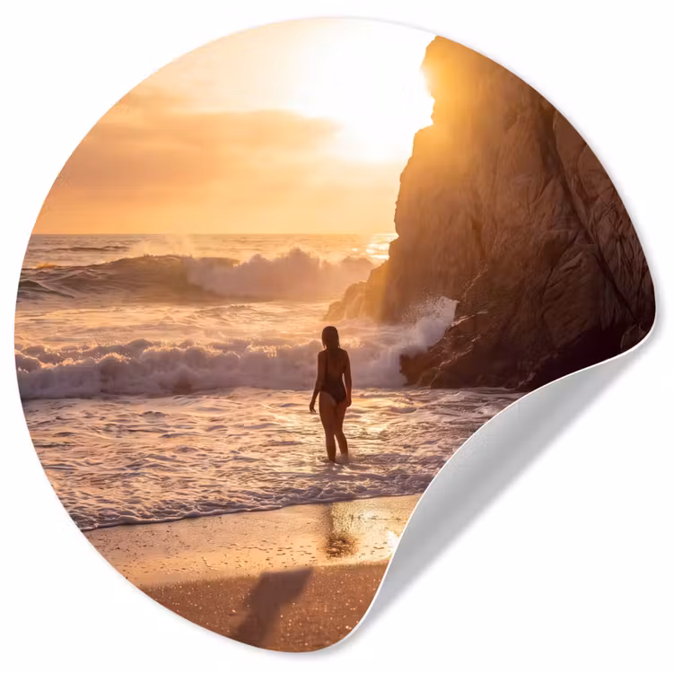Mensen - Oceaan - Zonsondergang - Kust - Goud Wandcirkel behangsticker klein -3d