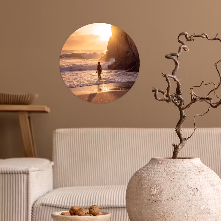 Mensen - Oceaan - Zonsondergang - Kust - Goud Wandcirkel behangsticker klein -sfeer1
