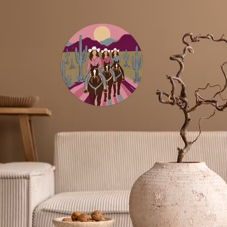 Mensen - Paard - Woestijn - Abstract - Roze Wandcirkel behangsticker klein -sfeer1