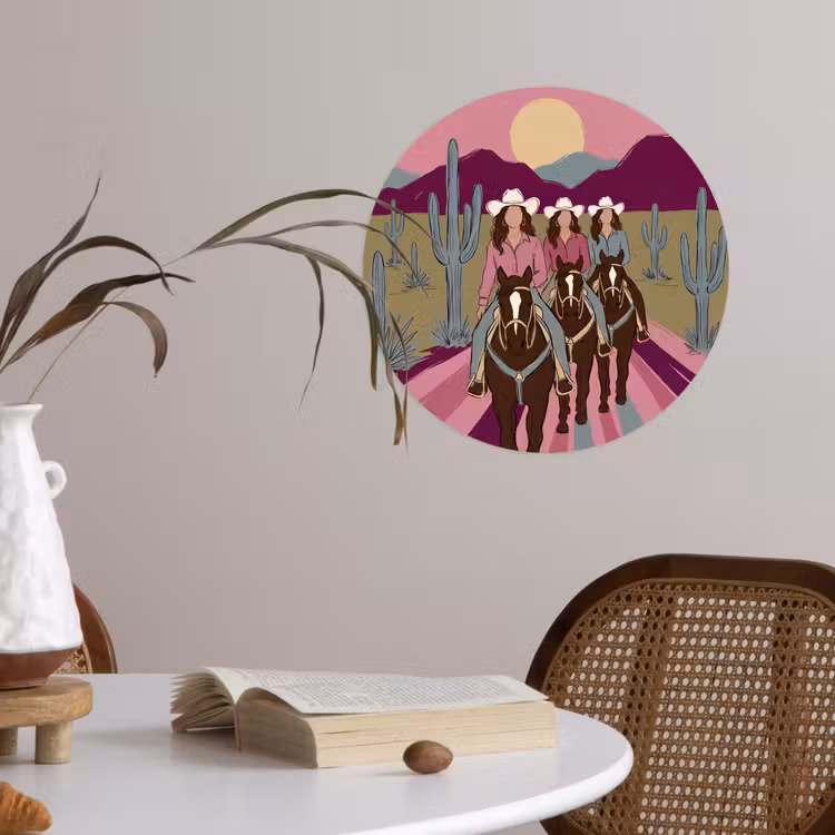 Mensen - Paard - Woestijn - Abstract - Roze Wandcirkel behangsticker klein -sfeer3