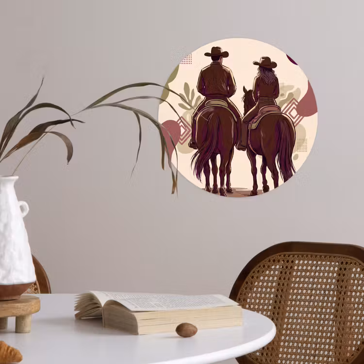 Mensen - Ruiters - Western - Illustratie - Bruin Wandcirkel behangsticker klein -sfeer3