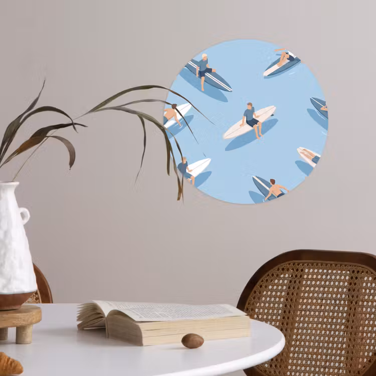 Mensen - Surfen - Water - Zomer - Illustratie Wandcirkel behangsticker klein -sfeer3