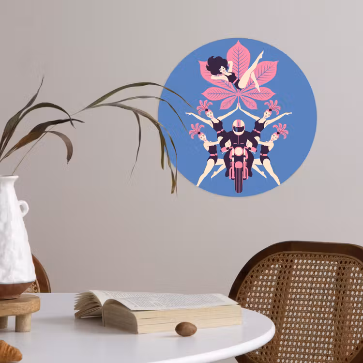 Mensen - Dans - Motor - Retro - Roze Wandcirkel behangsticker klein -sfeer3
