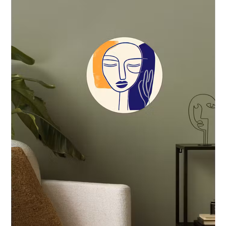 Minimalistisch - Gezicht - Hand - Oranje - Blauw Wandcirkel behangsticker klein -sfeer2