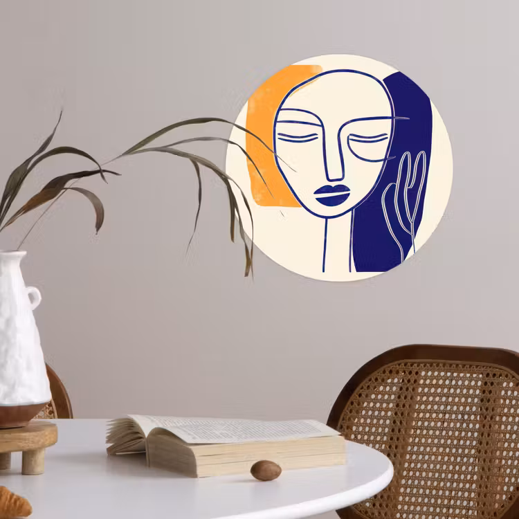 Minimalistisch - Gezicht - Hand - Oranje - Blauw Wandcirkel behangsticker klein -sfeer3