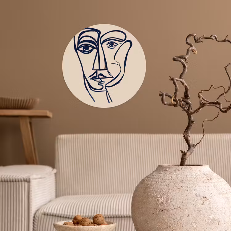 Minimalistisch - Lijnillustratie - Beige - Donkerblauw Wandcirkel behangsticker klein -sfeer1