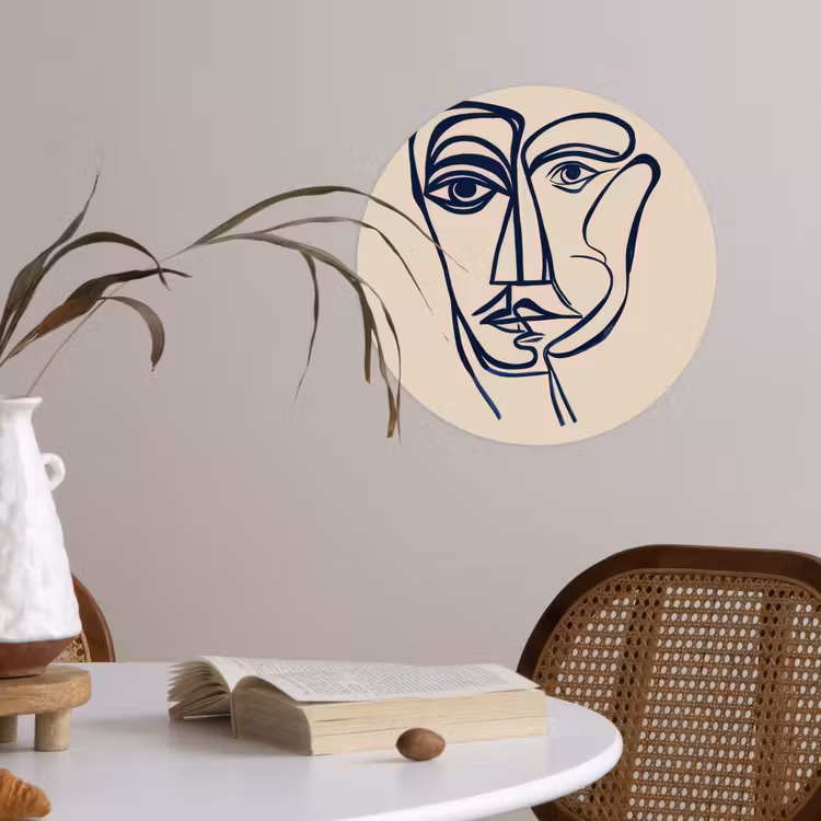 Minimalistisch - Lijnillustratie - Beige - Donkerblauw Wandcirkel behangsticker klein -sfeer3