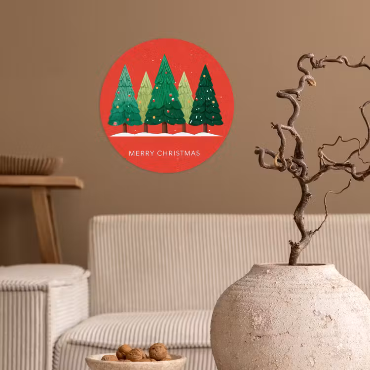 Minimalistisch - Kerstbomen - Rood - Sneeuw Wandcirkel behangsticker klein -sfeer1