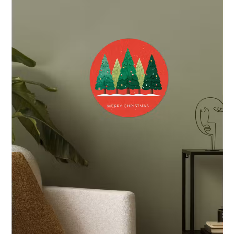 Minimalistisch - Kerstbomen - Rood - Sneeuw Wandcirkel behangsticker klein -sfeer2