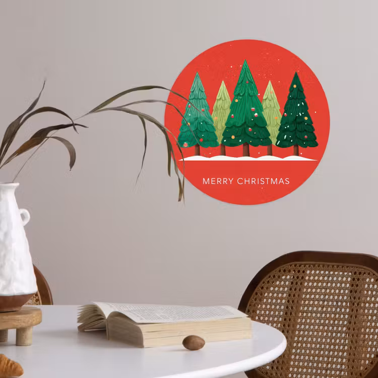 Minimalistisch - Kerstbomen - Rood - Sneeuw Wandcirkel behangsticker klein -sfeer3