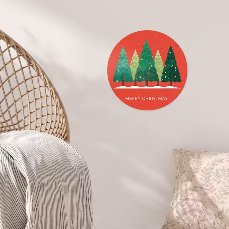 Minimalistisch - Kerstbomen - Rood - Sneeuw Wandcirkel behangsticker klein -sfeer4