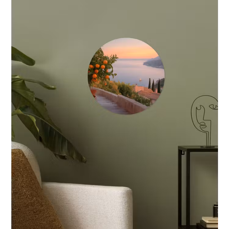 Middelandse zee - Sinaasappel - Heuvels - Zee Wandcirkel behangsticker klein -sfeer2