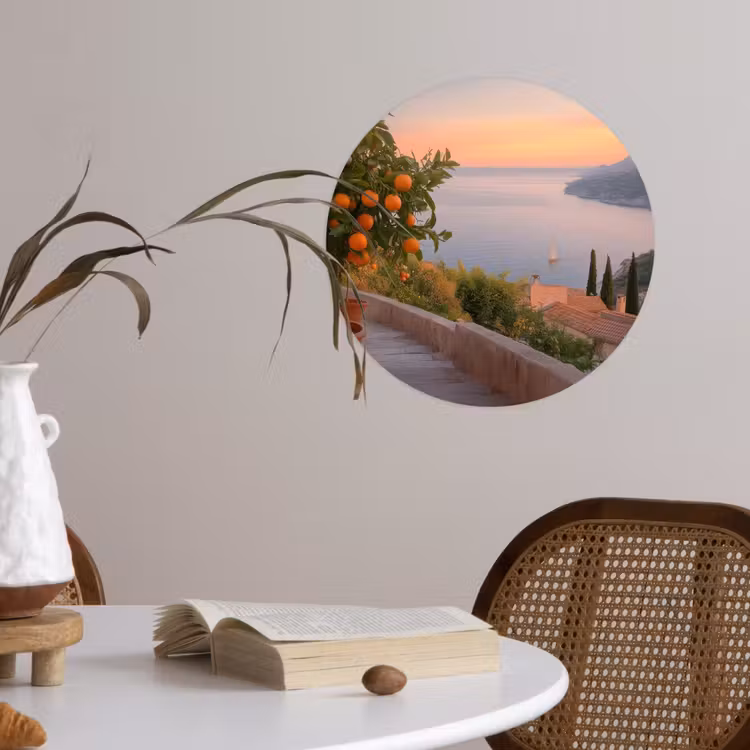 Middelandse zee - Sinaasappel - Heuvels - Zee Wandcirkel behangsticker klein -sfeer3