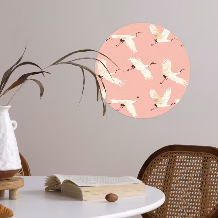 Modern - Kraanvogels - Roze Wandcirkel behangsticker klein 186 -sfeer3