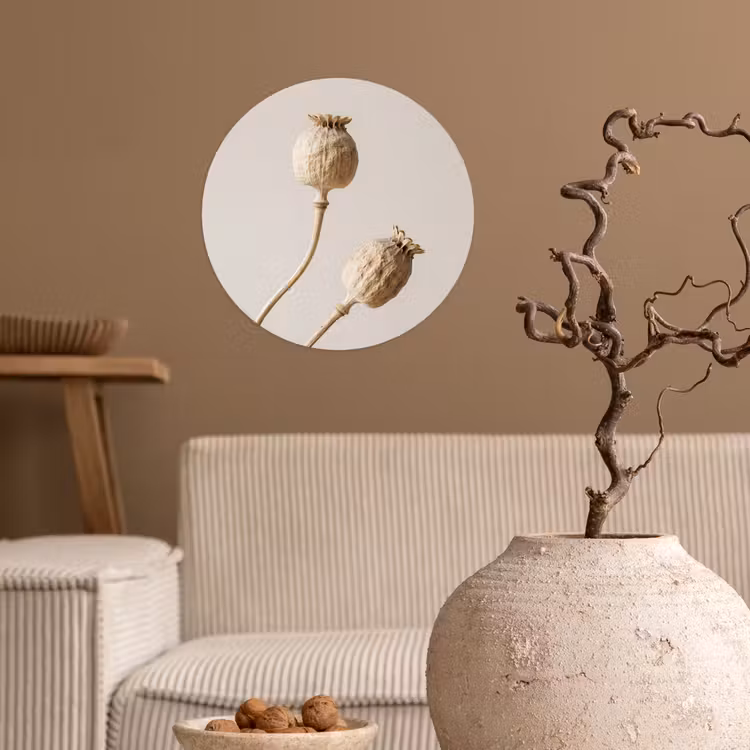 Papaverbollen - Droogbloemen - Minimalistisch - Beige - Rustig Wandcirkel behangsticker klein -sfeer1