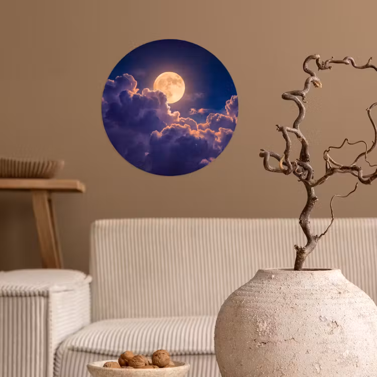 Maan - Wolken - Nacht - Oranje Wandcirkel behangsticker klein -sfeer1