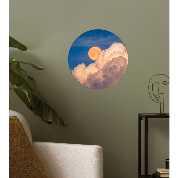 Maan - Wolken - Natuur - Oranje Wandcirkel behangsticker klein -sfeer2