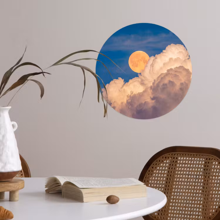 Maan - Wolken - Natuur - Oranje Wandcirkel behangsticker klein -sfeer3