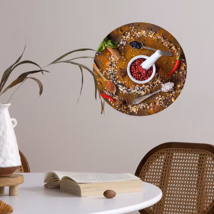 Vijzel - Kruiden - Lepels - Specerijen - Bruin - Peper Wandcirkel behangsticker klein -sfeer3