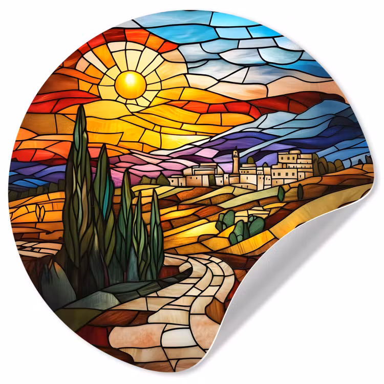 Mozaïek - Zon - Landschap - Dorp Wandcirkel behangsticker klein -3d
