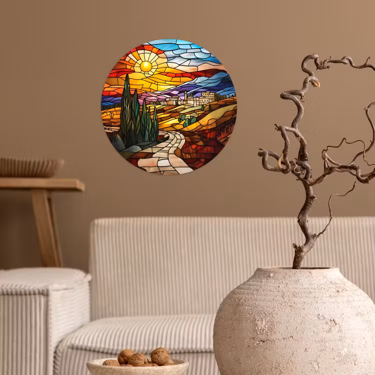 Mozaïek - Zon - Landschap - Dorp Wandcirkel behangsticker klein -sfeer1