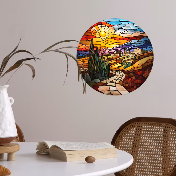 Mozaïek - Zon - Landschap - Dorp Wandcirkel behangsticker klein -sfeer3