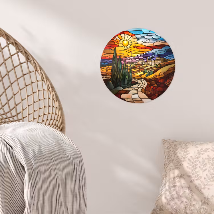 Mozaïek - Zon - Landschap - Dorp Wandcirkel behangsticker klein -sfeer4