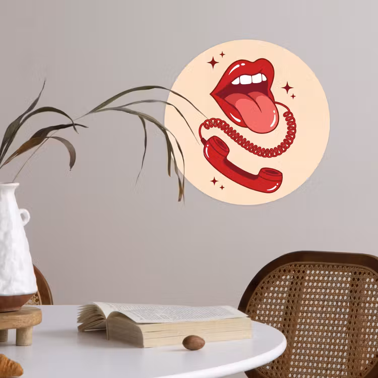 Mond - Telefoon - Popart - Rood - Illustratie Wandcirkel behangsticker klein -sfeer3