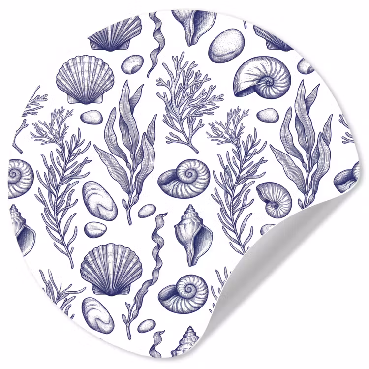 Schelpen - Zeewier - Oceaan - Illustratie - Blauw Wandcirkel behangsticker klein -3d