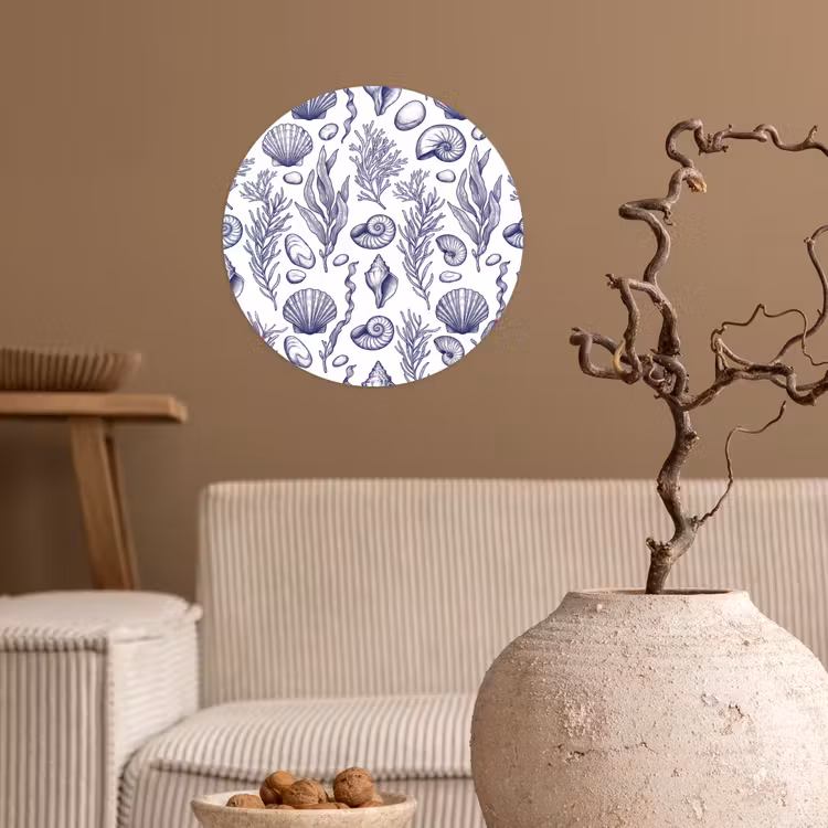 Schelpen - Zeewier - Oceaan - Illustratie - Blauw Wandcirkel behangsticker klein -sfeer1