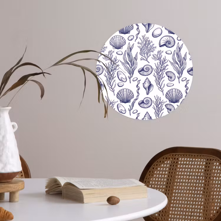Schelpen - Zeewier - Oceaan - Illustratie - Blauw Wandcirkel behangsticker klein -sfeer3