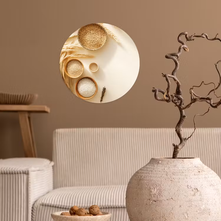 Granen - Hout - Kom - Beige Wandcirkel behangsticker klein -sfeer1