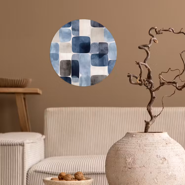 Patroon - Blauw - Vierkanten Wandcirkel behangsticker klein -sfeer1