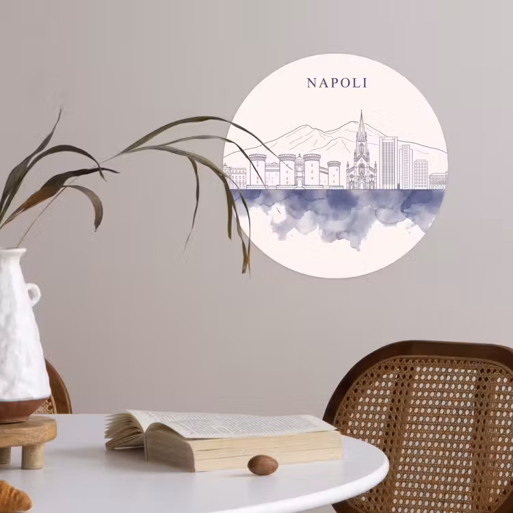 Napels - Skyline - Italie - Lijntekening - Aquarel Wandcirkel behangsticker klein -sfeer3