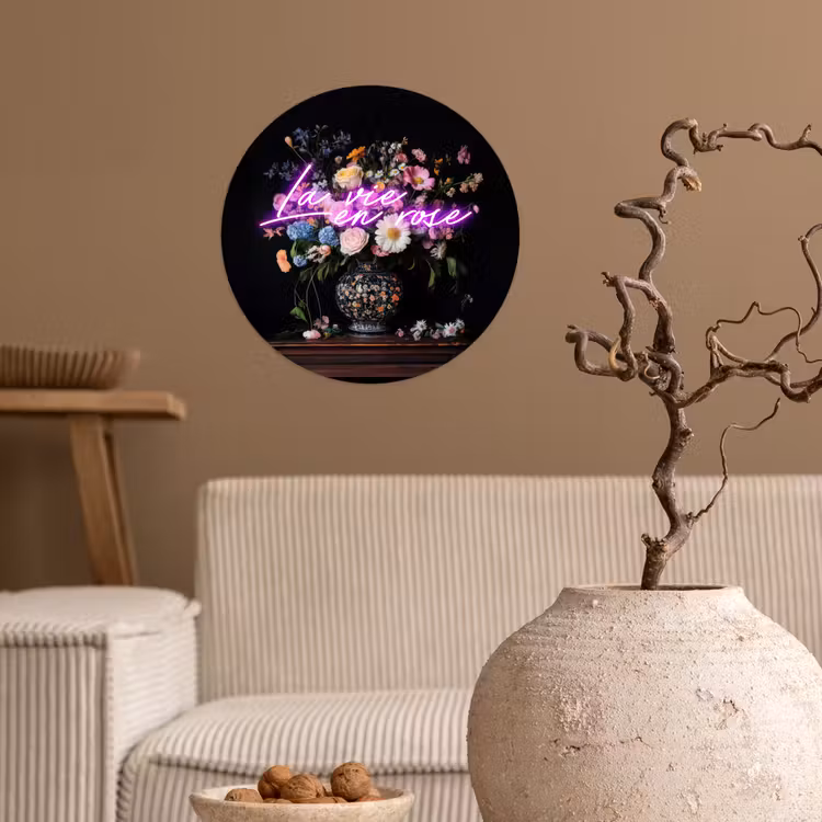 Neon - Vaas - Bloemen Wandcirkel behangsticker klein -sfeer1