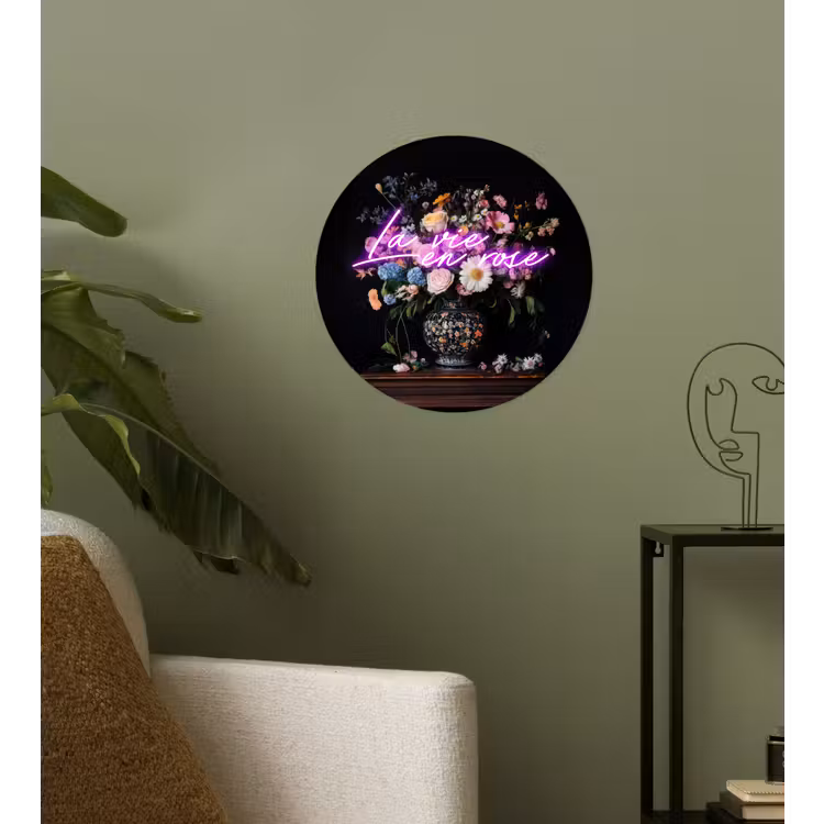 Neon - Vaas - Bloemen Wandcirkel behangsticker klein -sfeer2