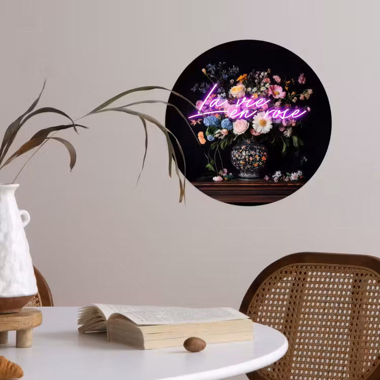 Neon - Vaas - Bloemen Wandcirkel behangsticker klein -sfeer3