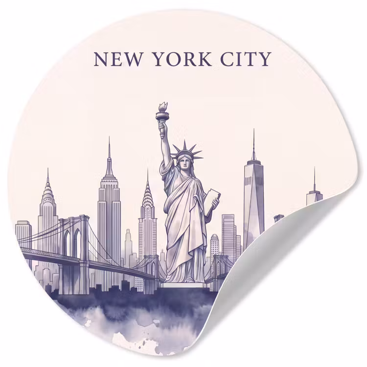 New York - Vrijheidsbeeld - Skyline - Illustratie - Blauw Wandcirkel behangsticker klein -3d
