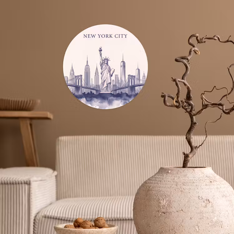 New York - Vrijheidsbeeld - Skyline - Illustratie - Blauw Wandcirkel behangsticker klein -sfeer1