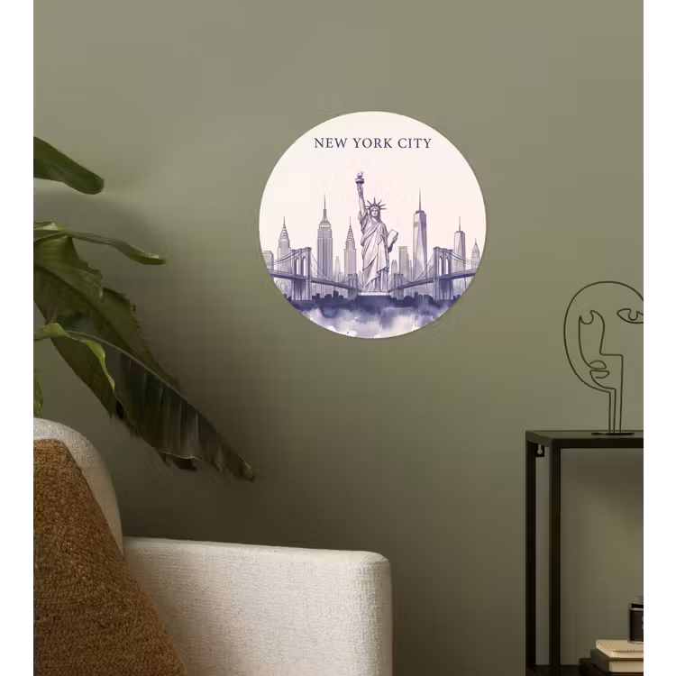 New York - Vrijheidsbeeld - Skyline - Illustratie - Blauw Wandcirkel behangsticker klein -sfeer2