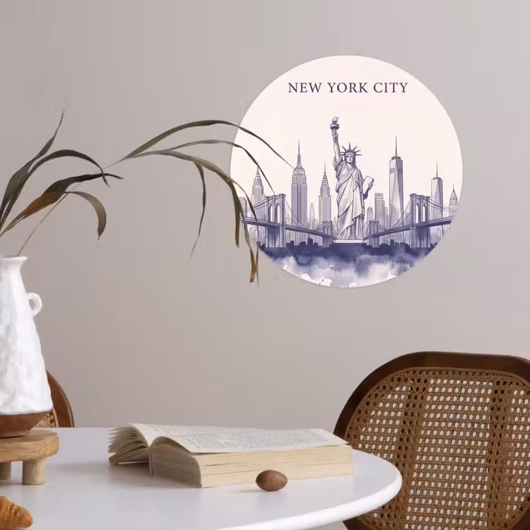 New York - Vrijheidsbeeld - Skyline - Illustratie - Blauw Wandcirkel behangsticker klein -sfeer3
