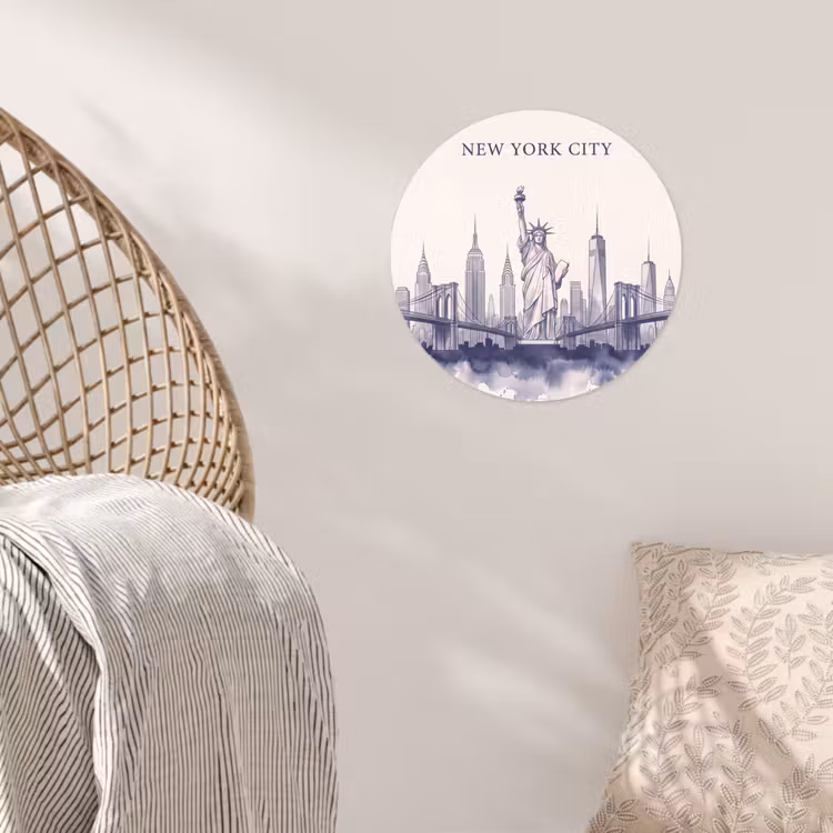 New York - Vrijheidsbeeld - Skyline - Illustratie - Blauw Wandcirkel behangsticker klein -sfeer4