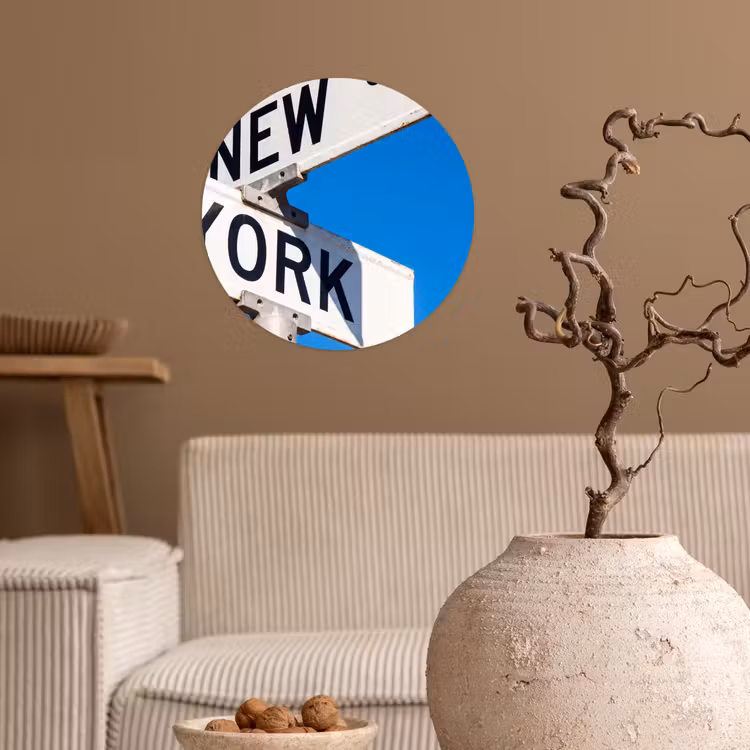 New York - Straatbord - Stad - Urban - Blauw Wandcirkel behangsticker klein -sfeer1