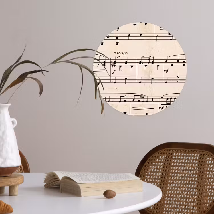 Muzieknotatie - Notenbalken - Kunst - Klassiek - Beige Wandcirkel behangsticker klein -sfeer3