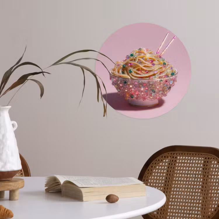 Noodles - Edelstenen - Stokjes - Roze Wandcirkel behangsticker klein -sfeer3
