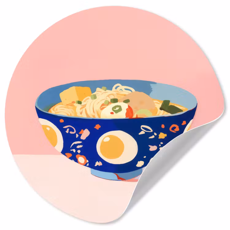 Noodles - Kom - Blauw - Illustratie Wandcirkel behangsticker klein -3d