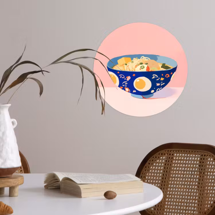 Noodles - Kom - Blauw - Illustratie Wandcirkel behangsticker klein -sfeer3