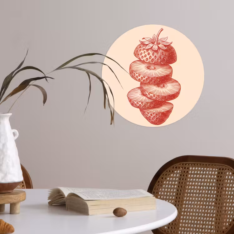 Fruit - Gesneden - Illustratie - Rood - Vintage Wandcirkel behangsticker klein -sfeer3